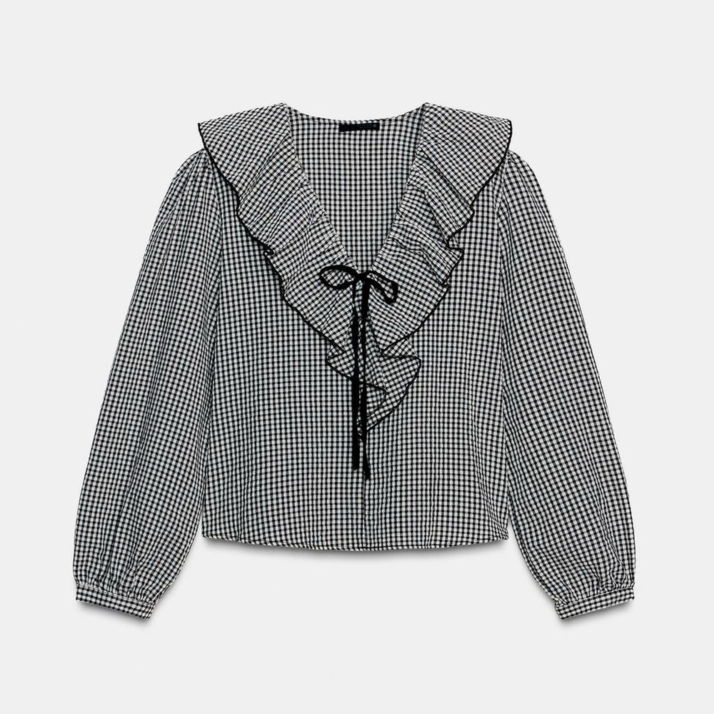 Zara Plaid Ruffles Bow Blouse